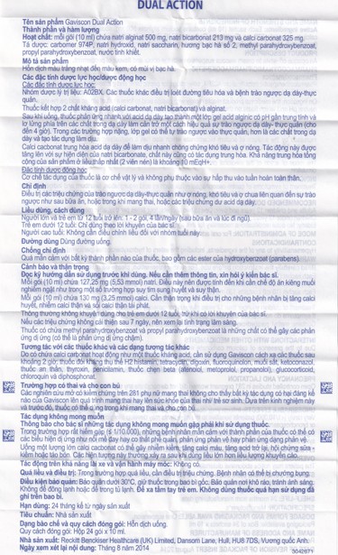 Hỗn dịch Gaviscon Dual Action Reckitt Benckiser điều trị trào ngược dạ dày, thực quản (24 gói x 10ml) - Ảnh 2